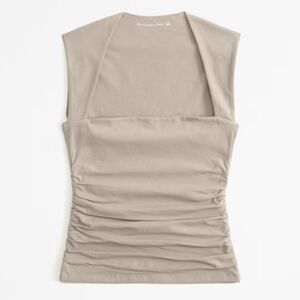 NWT Abercrombie The A&F Ava Top Brown Square Neckline Ruched Beige Shirt XL